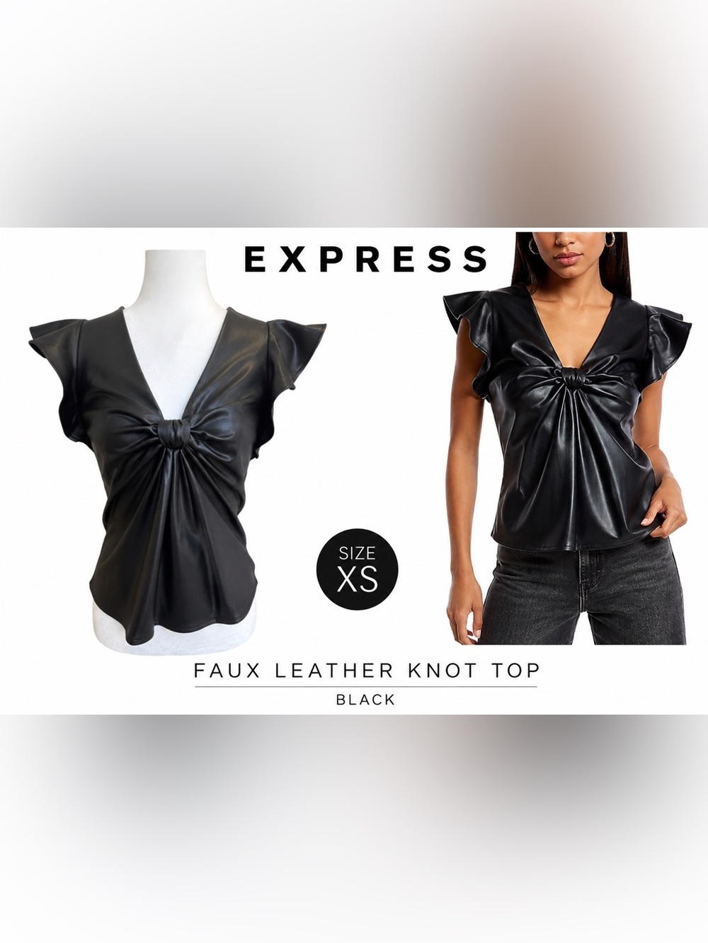 Express Faux Leather V-Neck Flutter Sleeve Knot Front Top – XS – Black